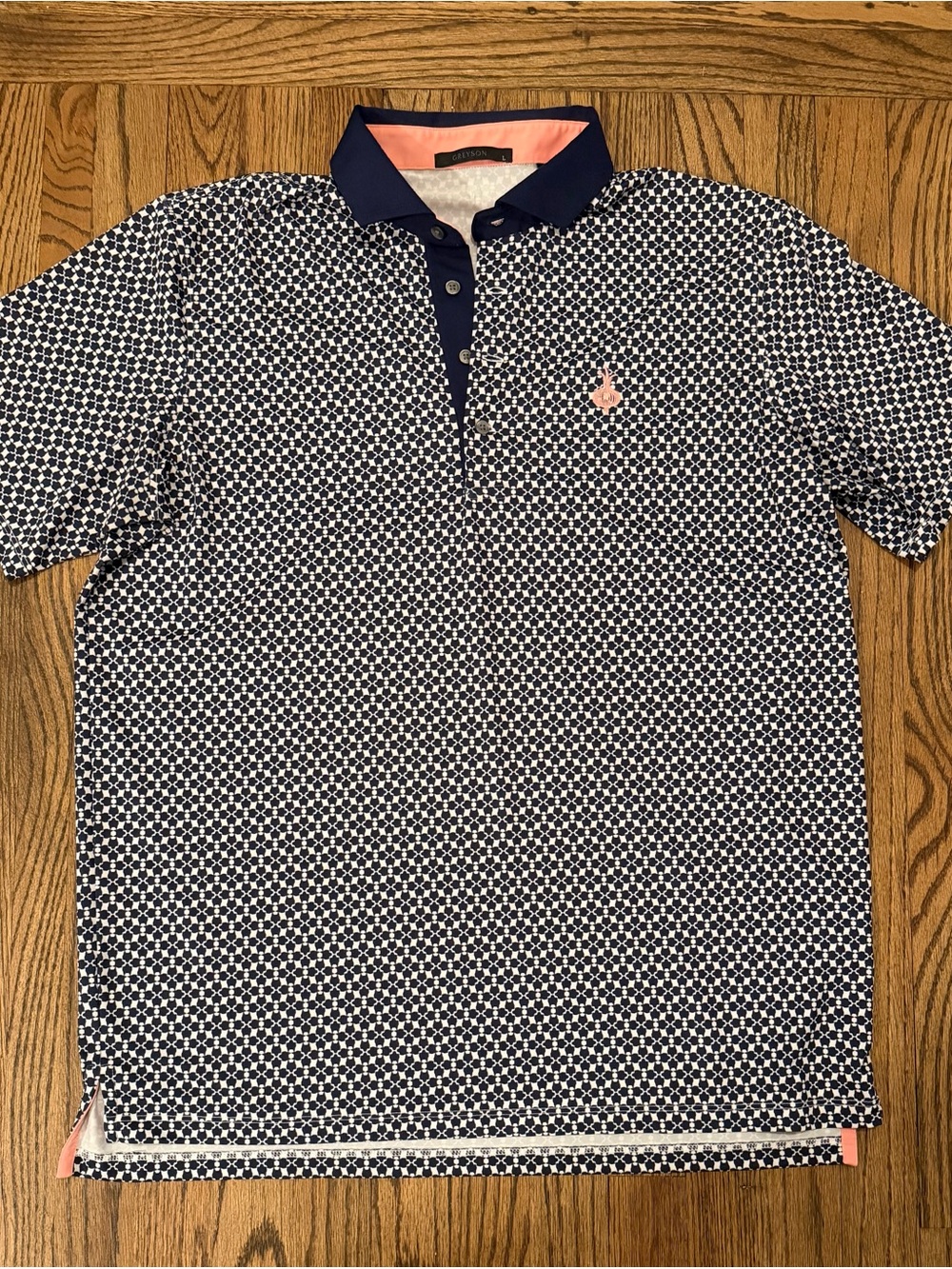 Greyson Navy Geometric Polo with Pink Trim “ohoopee match club”